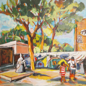 Peinture représentant des personnages marchant dans un village ensoleillé