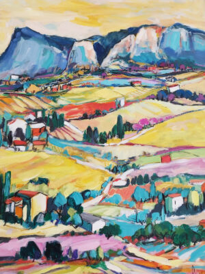 Peinture représentant un paysage vallonné