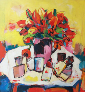 Peinture représentant des tubes de peinture et un bouquet de tulipes rouges