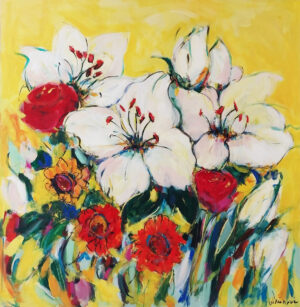 Peinture représentant un bouquet de fleurs colorées