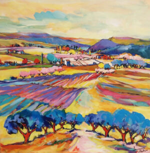 Peinture représentant un vallée colorée avec des arbres en premier plan et un village en fond