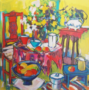 Peinture représentant un petit salon décoré de fleurs et de fruits