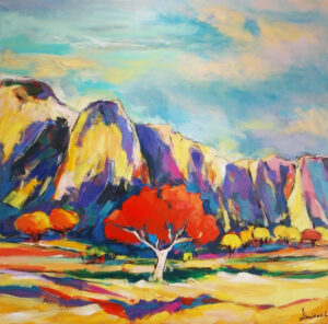 Peinture représentant un arbre rouge devant des falaises