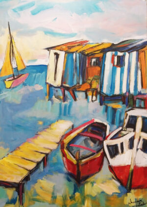 Peinture représentant un ponton sur la mer, des bateaux et des cabanes sur pilotis