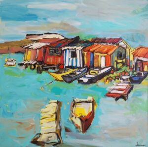 Peinture représentant un petit port de pêche avec des barques et des cabanes sur pilotis