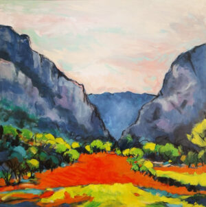 Peinture représentant un champ rouge et des falaises en arrière-plan