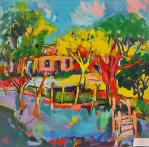 Peinture représentant une maison rose entourée d'arbres